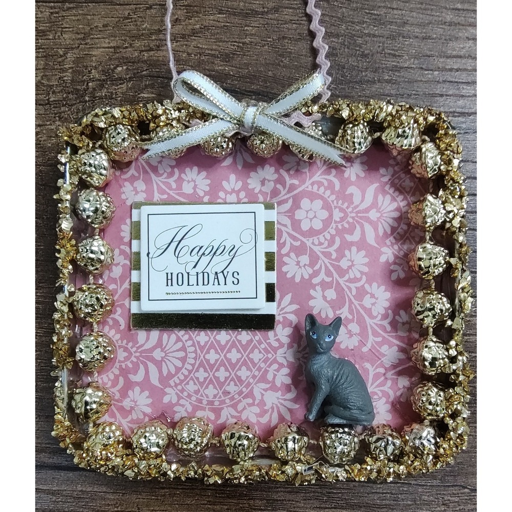 Cat Christmas Ornament Handmade Vtg Style OOAK Miniature Tobacco Tin Diorama